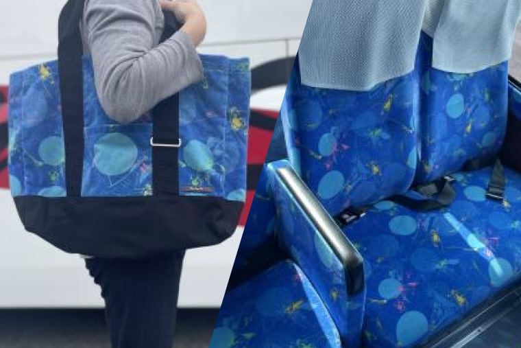 左：アップサイクル製品のトートバッグ、右：座席シート